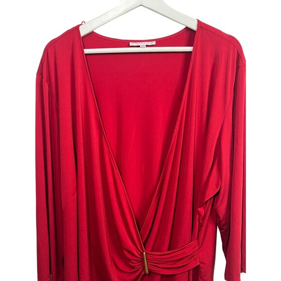 Sandra Darren Plus Size 24W Red Faux Wrap Blouse Womens 3/4 Sleeve Stretch Top - Picture 3 of 12